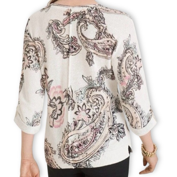 Chico's Blush Pink Paisley Sweater Sz 3 (XL) 3/4 Roll Tab Sleeve Romantic Cotton - Picture 2 of 12